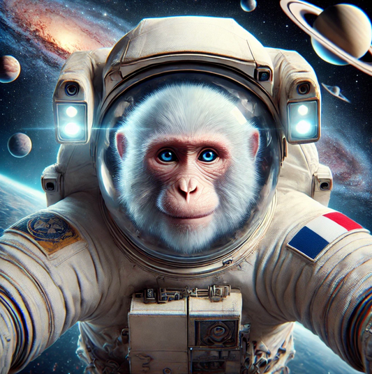 L’Odyssée d’Ayoun 🧿: Le Singe Albinos Astronaute qui Protège Contre le Mauvais Œil