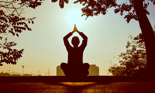 Personne de dos qui fait du yoga sous le couché du soleil