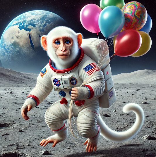 singe ayoun sur la lune portant des ballons