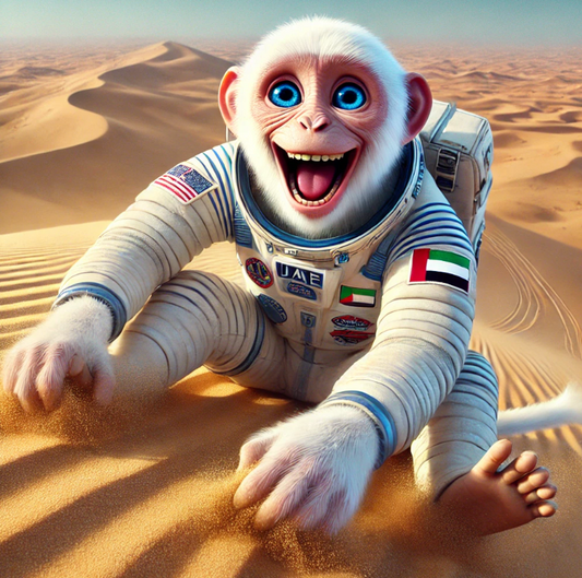 ayoun le singe astronaute entrain de jouer sur le sable du désert de Dubai